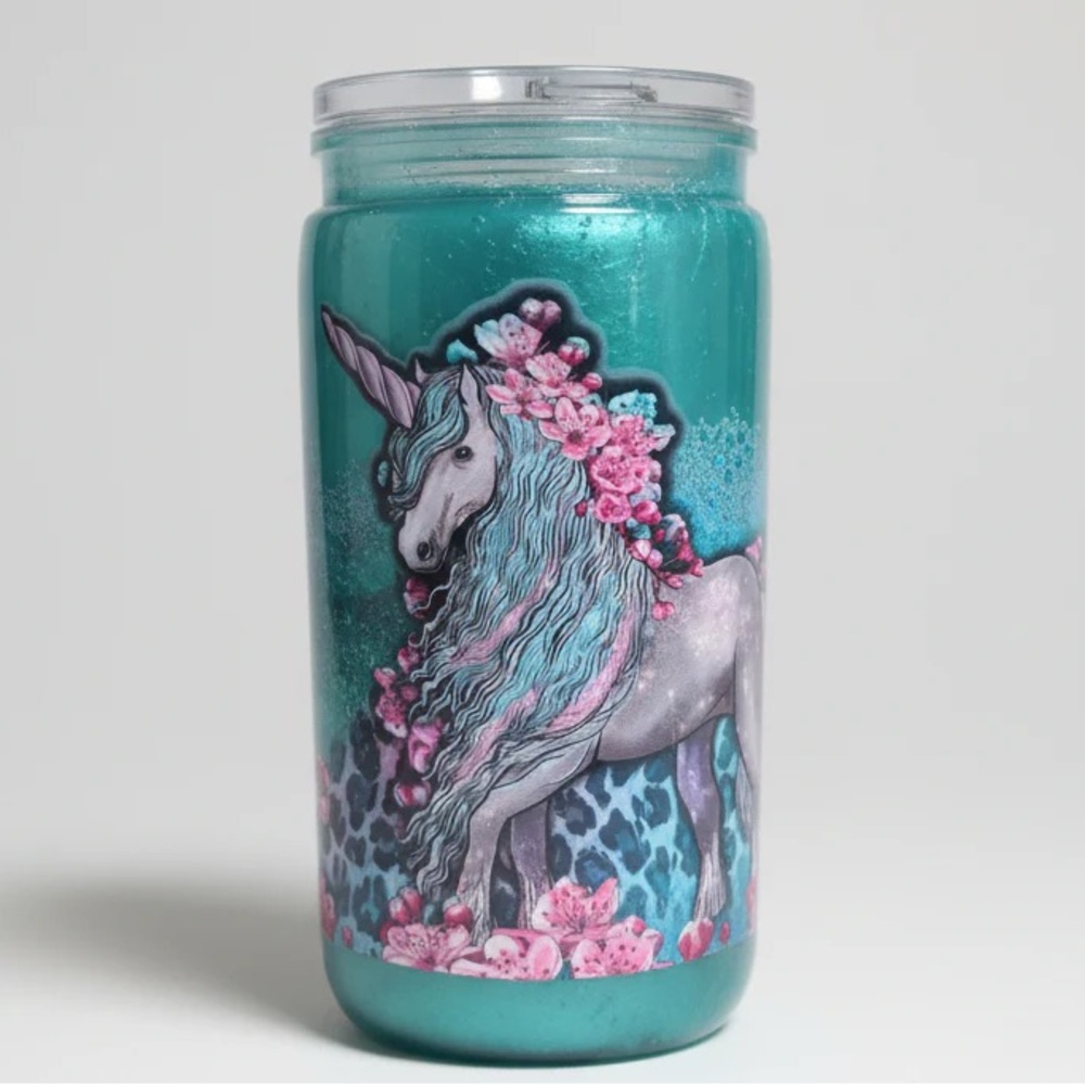 Teal Unicorn Tumbler with Pink Floral Accents